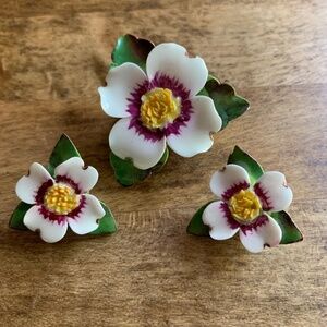 Cara Porcelain Staffordshire Flower Brooch & Earrings Set | England 1960s